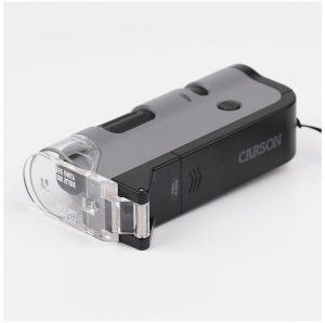Kính hiển vi Mini Carson MicroFlip MP-250 cho điện thoại chụp siêu zoom - Có hỗ trợ tia UV và Đèn LED Sử dụng pin AA - Tặng Bộ KIT 12 Tiêu bản Tế bào động vật